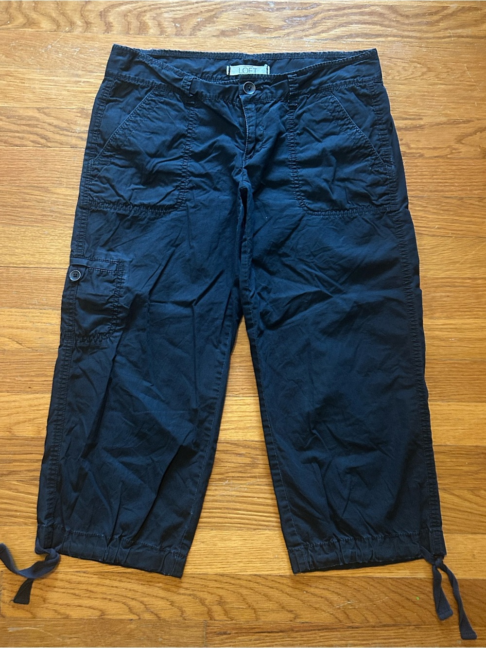LOFT Black Cropped Cotton Cargo Pant Capris with Tie Hems